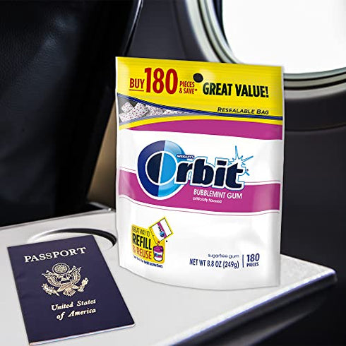 ORBIT Bubblemint Sugarfree Gum, 8.8-Ounce Resealable Bag, 180 Pieces